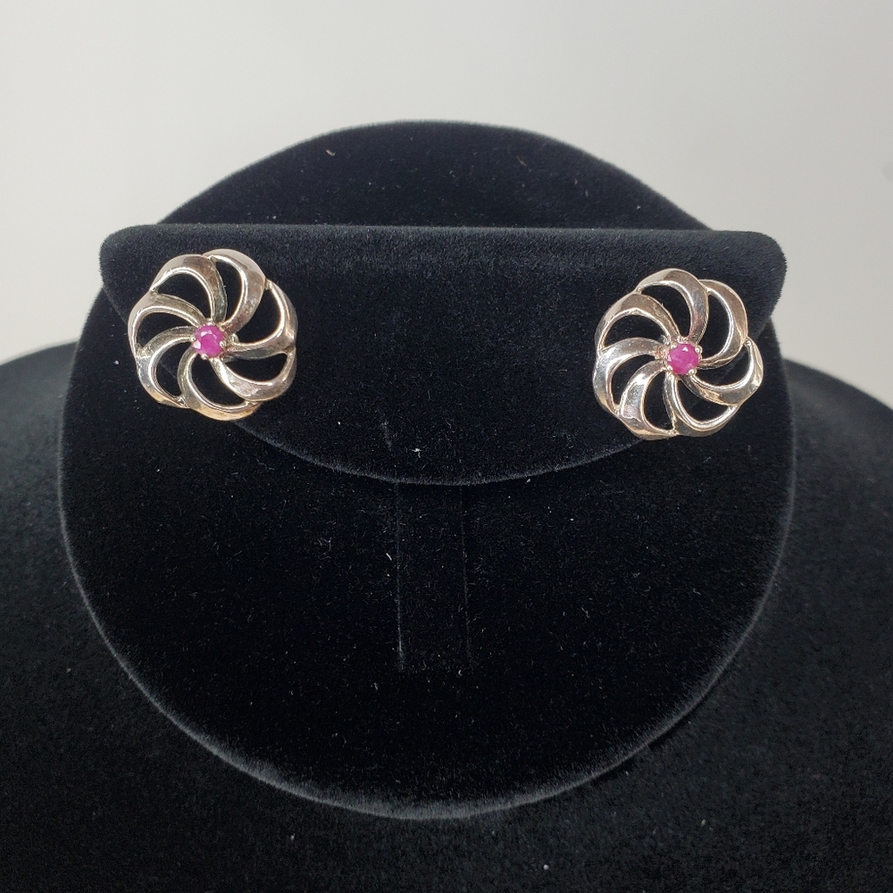 Vintage Sterling Silver Pinwheel Flower Earrings Pink Stone 925